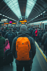 A commuter waiting at a bustling train station, surrounded by daily travelers carrying bags and chatting on phones,