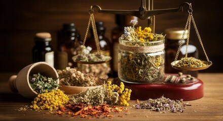 Herbal apothecary: dried flowers and balance scales in rustic setting