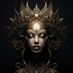 Deity Woman Statue. Beautiful Epic Character Design with Intricate Facial Mask, Artistic Style and Black Background. AI Generated Art
