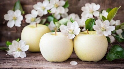 Spring background with white apple or cherry blossoms and wooden background Easter or Passover spring greeting cards with copy space Natural plants landscape ecology fresh wallpaper concept Mockup