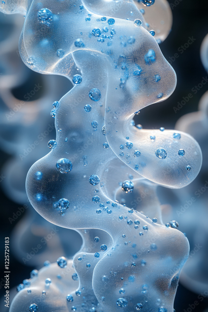 Aufkleber A 3D visualization of multilayered fabric with water droplets passing through semi-transparent mesh layers and collecting as blue spheres,