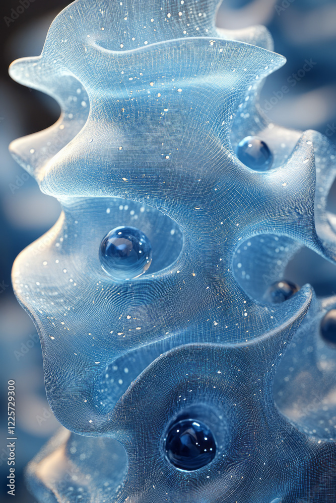 Aufkleber A 3D visualization of multilayered fabric with water droplets passing through semi-transparent mesh layers and collecting as blue spheres,