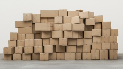 Large pile of cardboard boxes against a white wall.
