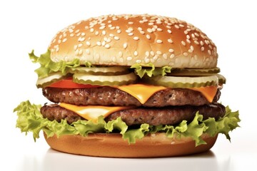 Delicious Hamberger on White Background with Cheese and Beef Meat Patties