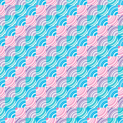 Seamless vector pattern of quarter circles in squares.  Abstract background illustration in pink, purple, aqua and blue.
