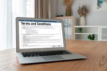 Fototapeta premium Digital legal contract provide terms and conditions document on computer screen ready for online digital signature for deal agreement of future business snugly