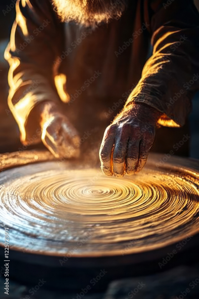 Poster a close-up of hands creating pottery on a spinning wheel, with clay textures and soft sunlight highl