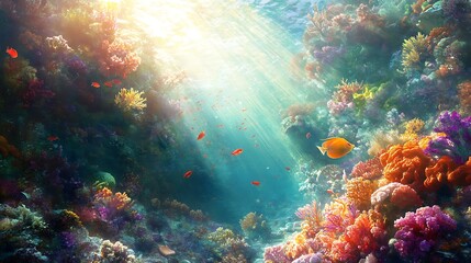 Obraz premium A vibrant coral reef teeming with life, with fish swimming through the coral and sunlight filtering down 