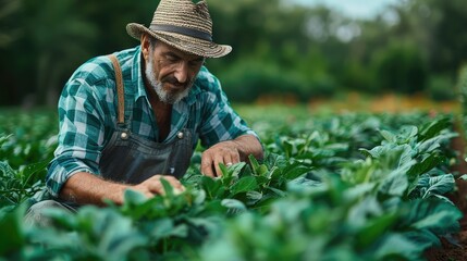 A man in a hat and overalls is working in a field of green plants
