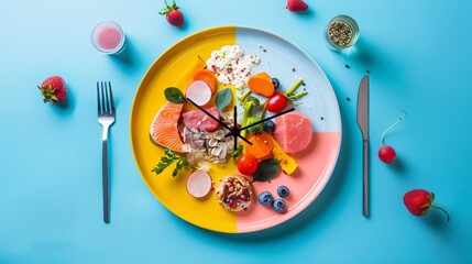Plate with clock face made of healthy food ingredients illustrating concept of diet plan
