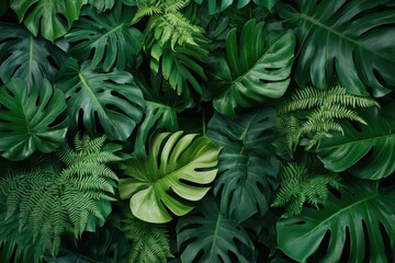 Fototapeta premium Tropical plant arrangement featuring monstera, palm, rubber tree, pine, bird's nest fern foliage for botanical lovers and interior design enthusiasts