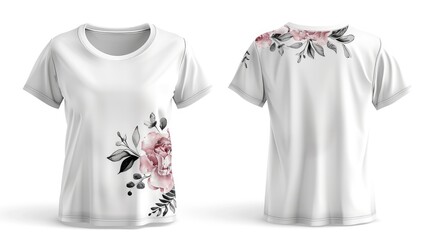 Naklejka premium Front and back side of white shirt with flower design for girl women isolated on white background easy cutout