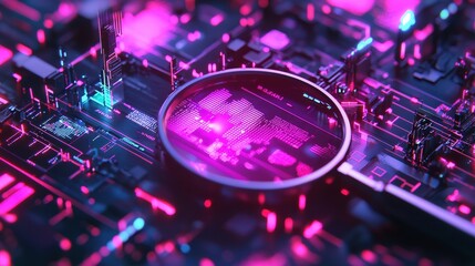 Magnifying Glass on Futuristic Circuit Board, symbolizing data analysis and technological innovation, ideal for tech websites and presentations.