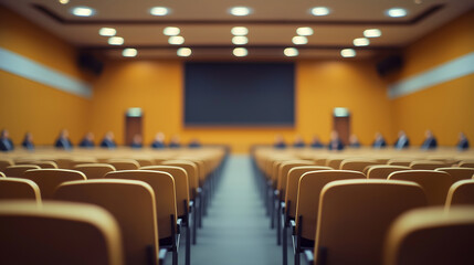 Empty blurred conference hall with rows of chairs and stage, professional corporate event space concept for business meetings, seminars, educational lectures, and formal presentations