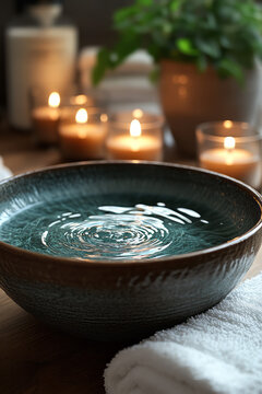 A serene spa setting with slow-motion shots of water rippling in a stone bowl, aromatherapy candles burning, and soft white towels neatly folded,