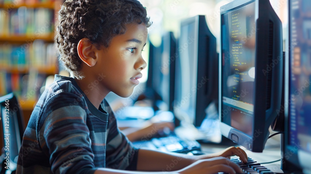 Poster Focused young student programming in a computer lab