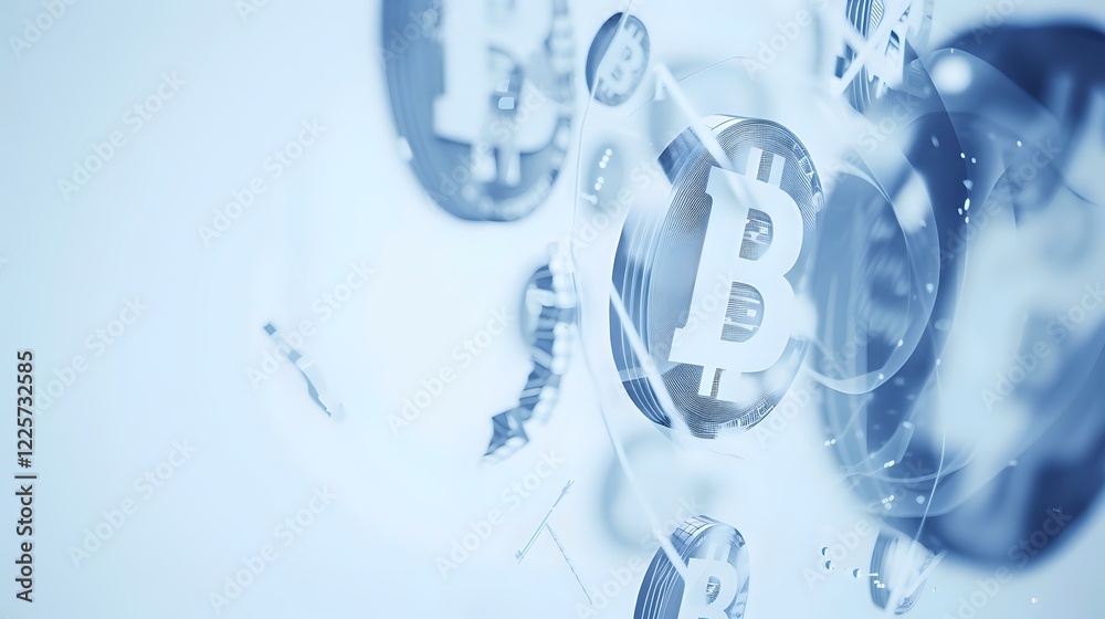 Poster cryptocurrency bitcoin symbol floating in blue digital space with blockchain network connections and