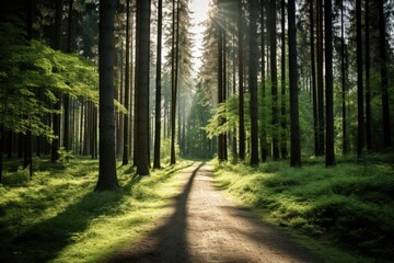 Fototapeta premium Forest Trees with a Serene Path Amidst Sun Rays and Lush Greenery in the Backdrop: A Perfect Summer Landscape Snapshot