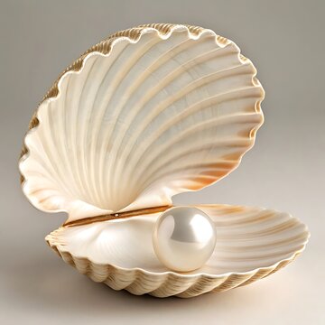 The white shell open with a white pearl in the middle, 3d, blender front view full length