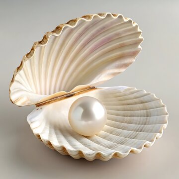 The white shell open with a white pearl in the middle, 3d, blender front view full length