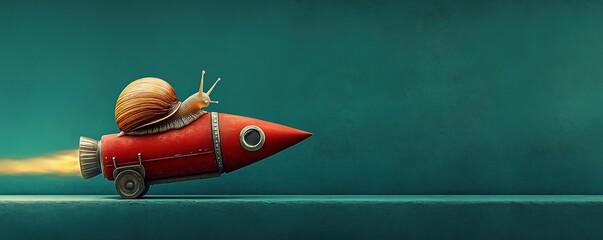 Whimsical journey of a snail on a vibrant rocket showcasing the playful contrast of speed and slowness