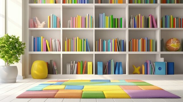 white wooden bookshelves in children's room, children's books