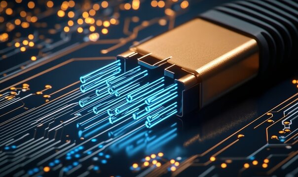 Glowing network cable illustrates dynamic data flow against a dark circuit board background - Powered by Adobe