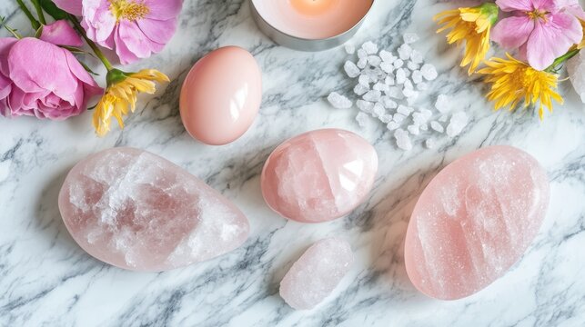 Set of Rose quartz crystals tools yoni eggs gua sha stone flower candle sea salt wild rose flowers on marble background Healing Crystals For Body Care Relationship Self care meditation ritual
