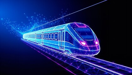 Futuristic High Speed Train Digital Art Abstract Network Lines Technology Modern Railway Transportation Electric Travel Journey Speed Innovation Blue 