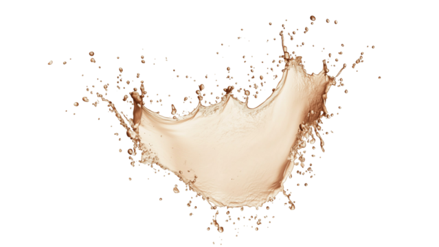 Png dynamic splash of beige liquid captured in motion against a transparent bg. Perfect for cosmetics, skincare, or coffee-related designs. High-resolution abstract fluid art for creative projects