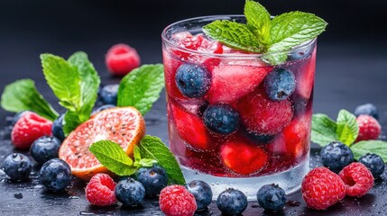 Refreshing berry cocktail with mint, ice, raspberries, and blueberries on dark background; perfect for summer drinks menu