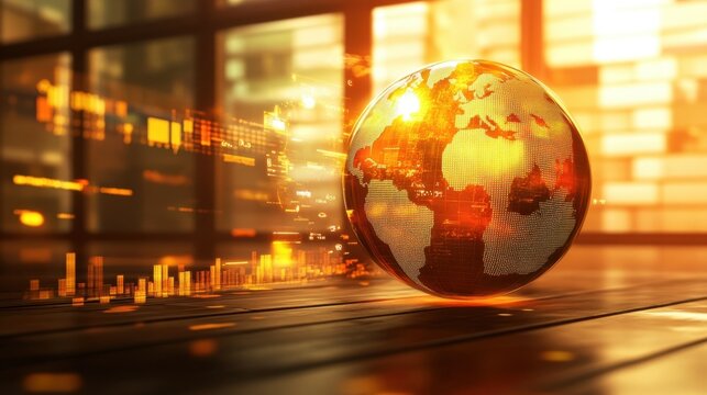 Golden world globe displaying dynamic data and statistics related to global business and finance, illuminated by vibrant orange and yellow light effects, creating a futuristic atmosphere