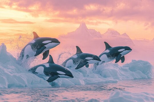 Four orcas leap playfully from icy waters at sunset, showcasing their power and grace against a stunning arctic backdrop.