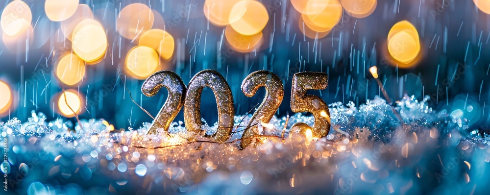 Poster 2025 golden glitter numbers on snow with sparkling falling snow and festive gold bokeh lights for ne