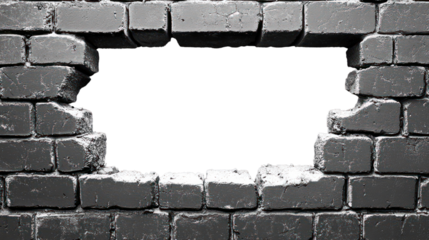 Large gap in an aged brick wall reveals a clear background, isolated on a transparent background. PNG