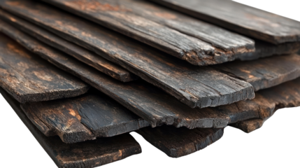 Stacked weathered wood reveals a rich, dark texture, isolated on a transparent background. PNG