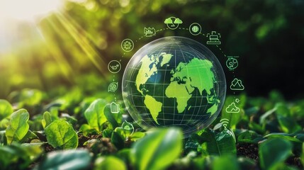 Globe with carbon footprint icons and charts on a digital screen, representing environmental impact and product life cycle assessments.