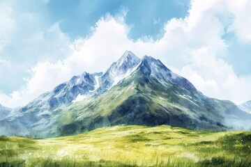 Fototapeta premium Stunning watercolor landscape featuring majestic mountain peak, perfect for travel enthusiasts and nature lovers seeking serene artistic imagery