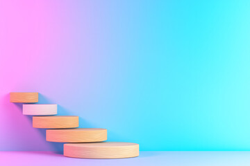 A clean, diagonal layout of four small wooden steps set against a pastel blue surface, visually representing upward momentum and achievement,