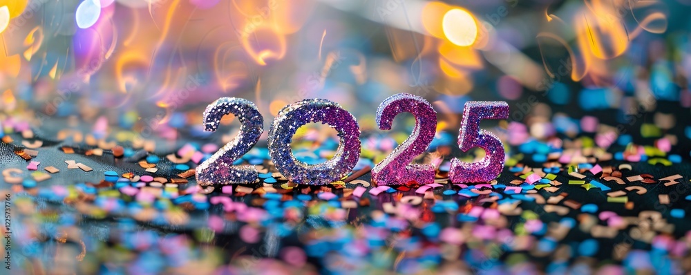 Poster Sparkling 2025 new year's eve party with confetti on a mirrored surface and bokeh background