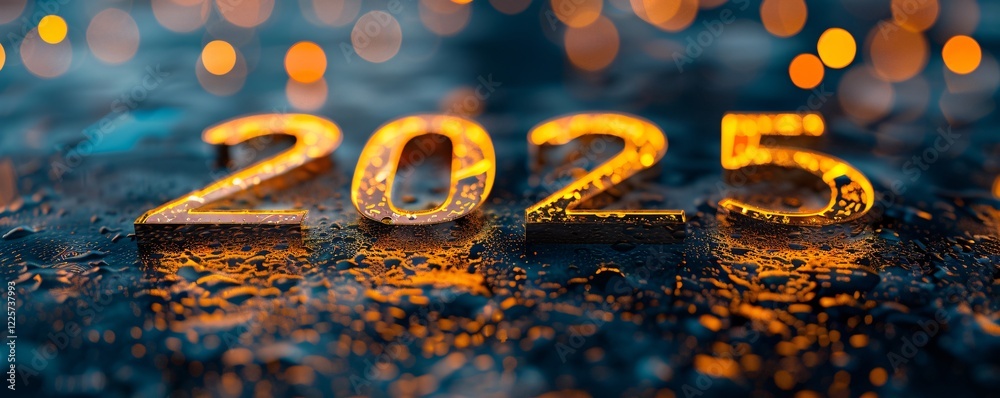 Poster 2025 shiny gold numbers reflecting on wet ground with bokeh lights in the background, perfect for ne