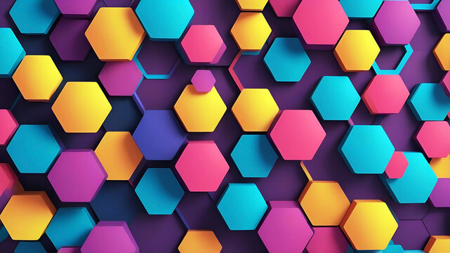 abstract background with colorful vivid 3d hexagons, honey combs coloured mosaic tiles template with copy space for text