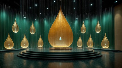 Golden droplet art installation, indoor, water feature, dark background, event space