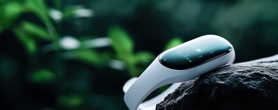 A sleek wearable device rests on a rock, surrounded by greenery, showcasing modern technology in a natural setting.