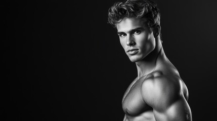 Fototapeta premium Male beauty and health Black and white portrait of a handsome young man with an athletic build posing against a black studio background
