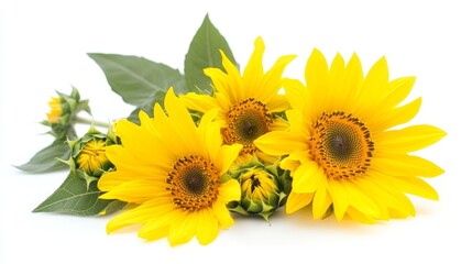 Obraz premium Close up of bright yellow sunflower Helianthus annuus with yellow green leaves and stems