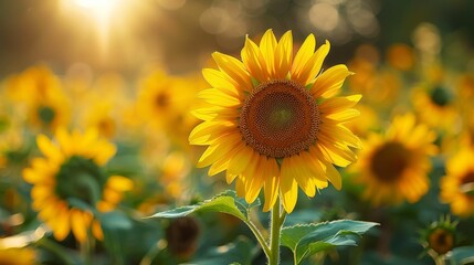 Fototapeta premium A single yellow sunflower is the center of a field of yellow flowers
