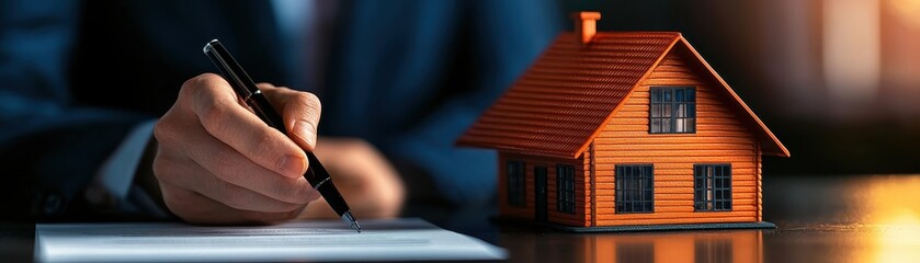 A hand writing on paper next to a small wooden house model, symbolizing real estate transactions or home ownership.