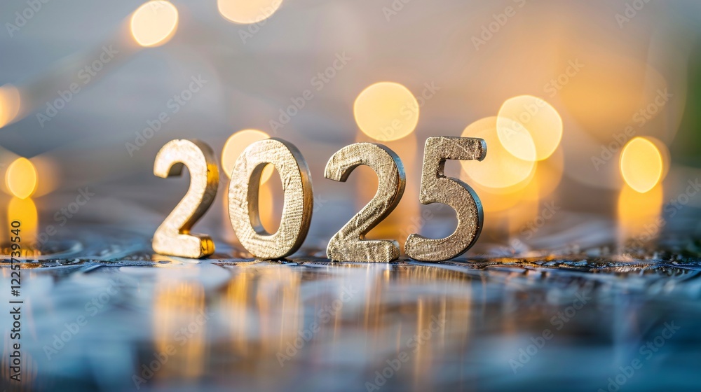 Poster golden numbers 2025 reflecting on table with sparkling lights for new year celebration