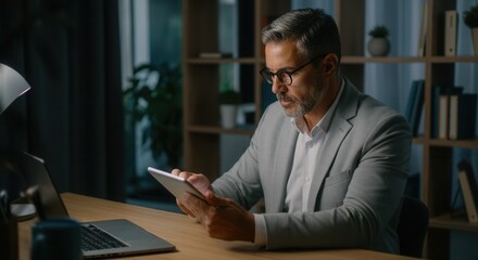 Fototapeta premium Mature caucasian male working on tablet at office desk in evening